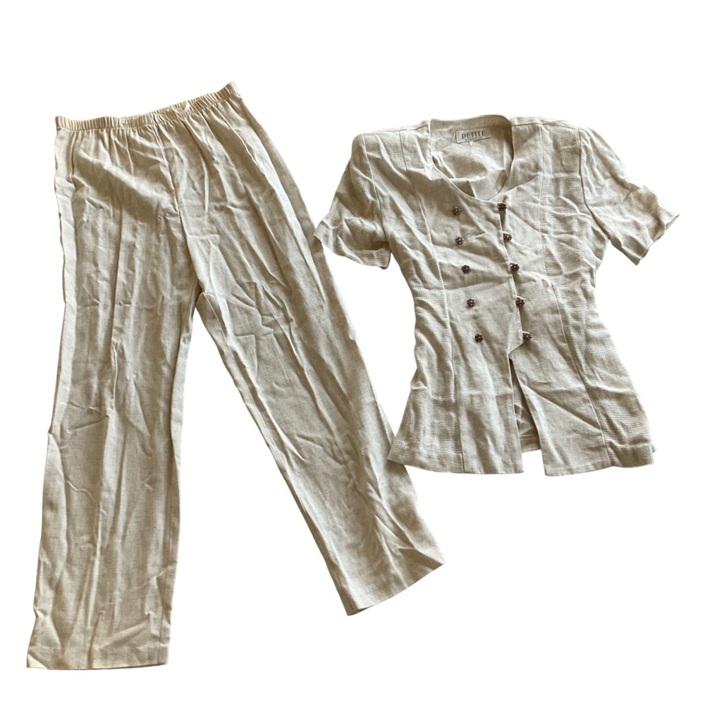 Petite Sophisticate Pant Set Womens 6P Beige Linen Blend Double Breasted Vintage